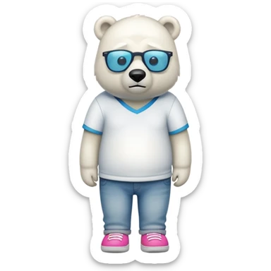 friendly anthropomorphised polar bear standing upright, looking chilled and unbothered, wearing a shirt, jeans, trainers, colorful glasses sticker