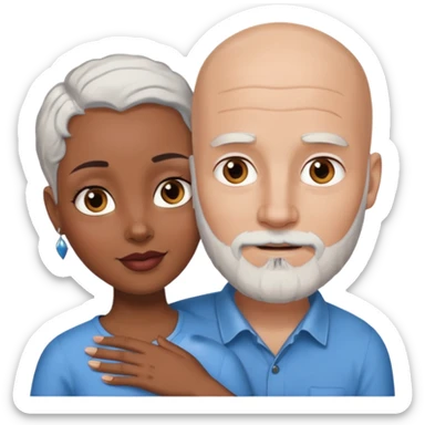 Talk bald white man with a white beard and blue eyes lovingly holding a black woman with brown eyes and grey hair sticker