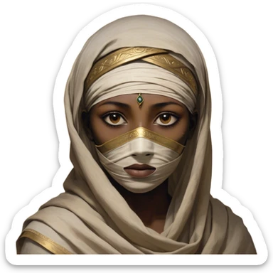 Regal and timeless, fully wrapped in meticulously aged bandages, even its face veiled in layers of ancient cloth with only faint glimpses of deep, solemn eyes peering through, adorned with faded gold accents, exuding an air of forgotten majesty and solemn duty, highly detailed, softly glowing, evoking the dignified mystery of an eternal guardian watching over lost secrets! sticker