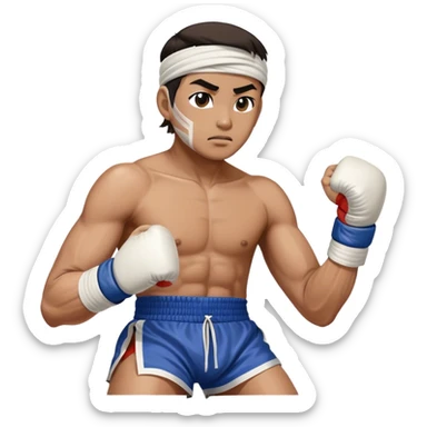 ​Cinematic Realistic Traditional Muay Thai Fighter, depicted in authentic attire featuring white bandaged gloves wrapped around his fists, a traditional headband tied neatly, and classic Muay Thai shorts, captured in a dynamic fighting stance under dramatic, high-energy lighting that highlights the raw power and elegance of the art, sticker
