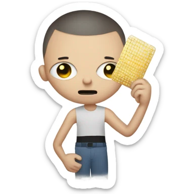 unhappy bald young man, on his hand there is semiconductor chip sticker