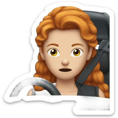 An angry ginger young woman with long ginger hair in a small old black car  sticker