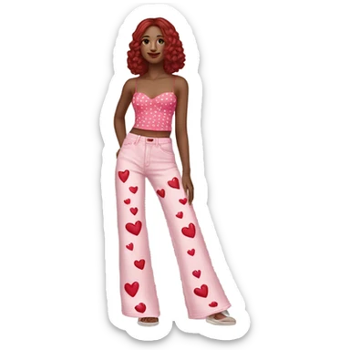 Realistic long Wide leg high waisted pink jeans with small red hearts print, isolated sticker