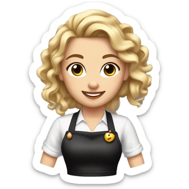 Waitress with white shirt and black apron, curly blonde hair in a pony tail, hazel eyes, lots of bohemian jewelry and bracelets  sticker