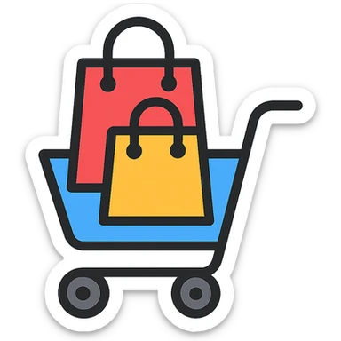 shopping cart with bags in it, color outline icon style sticker