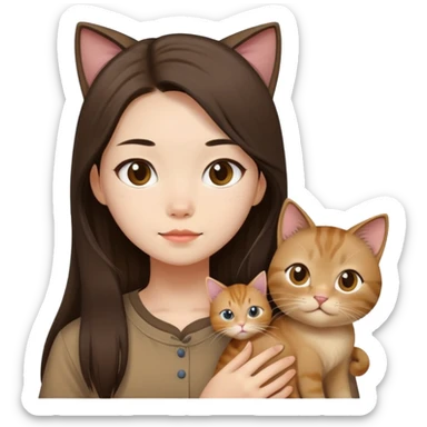 a chinese longhair girl wearing a brown shirt with a cat sticker