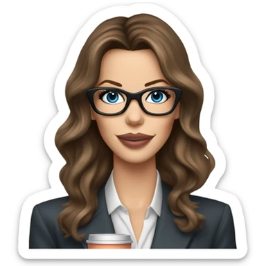 Realistic Kate Beckinsale blue eyes wearing glasses in a business dress drinking coffee peach lipstick  sticker