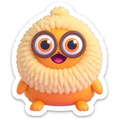 quirky fluffy creature with big eyes in playful pose, random color, 3D emoji style sticker