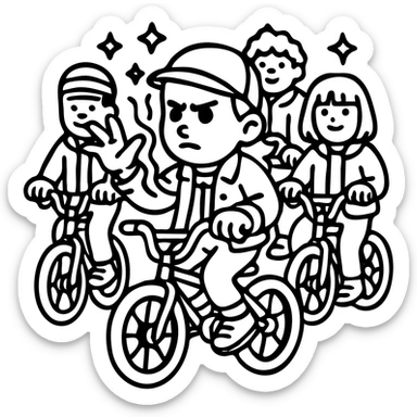 Stranger Things character in black and white line art, ideal for coloring. Personagem com bicicleta, poderes da Eleven, grupo de amigos, traços nítidos, sem cor. sticker