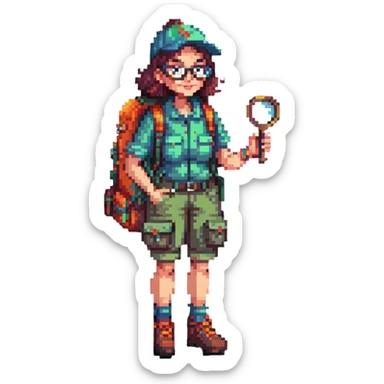 Happy woman explorer in her 40s with glasses, colorful retro hiking outfit, backpack, holding one magnifying glass, detailed pixel art sticker
