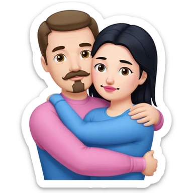 Tall strong white man with brown mustache goatee wearing blue hugging a chubby short pale woman with long black hair wearing pink sticker