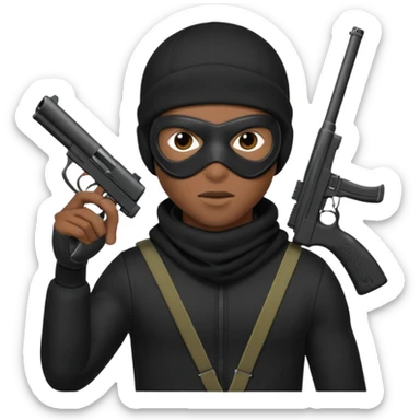 A young African male wearing a ski mask in full black clothing, holding a micro Draco gun in the air carelessly sticker