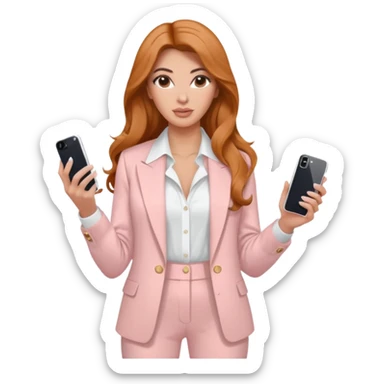 pale skin Kim Kardashian with ginger wavy long Hair, light pink  Spacious classical jacket, light pink palazzo Arrow pants and white blouse holding white IPhone 15 pro in the hands sticker