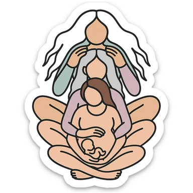 Variant: Several generations of women sitting one behind the other as in the reference, all dressed in flesh-colored bodysuits, Chinese Eastern style, icon-color-outlined style with thin clean contours, soft rounded shapes, pastel palette #98B5BC, #B5B3C1, #C9A3C9, #E4C0CA, #F7DCD1, #F7C0AA, emphasis on light and shadow, transparent background, no decoration, less cute. Composition and poses as in the reference. sticker