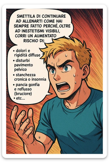 TRASFORMA QUESTO CAROSELLO IN UN FUMETTO STILE MANGA A COLORI CON QUESTE DUE PERSONE IDENTICHE CHE INTERLOQUISCONO TRA LORO:

LUI (UOMO): Smettila di continuare ad allenarti come hai sempre fatto perché, oltre ad inestetismi visibili, corri un aumentato rischio di:
    • dolori e rigidità diffuse
    • disturbi pavimento pelvico
    • stanchezza cronica o insonnia
    • pancia gonfia e reflusso (bruciore)
    • etc… sticker