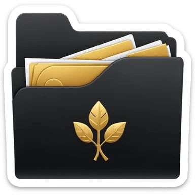 A minimal emoji-style icon of a matte black folder, slightly open, with a simple white or gold finance logo on the front symbolizing growth, stability, and money management, clean lines, subtle shading, and a professional, organized vibe. sticker