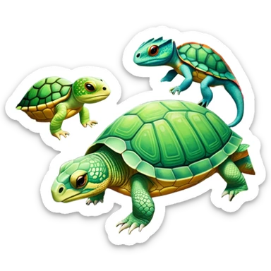 Close-up collage of a turtle, snake, and chameleon in a natural environment, with vibrant greenery and soft sunlight filtering through. Each reptile is shown in intricate detail, highlighting their unique textures and colors, set against a lush, serene background. sticker