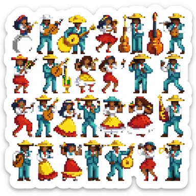 Colombian salsa musicians with instruments and dancers in vibrant colors sticker