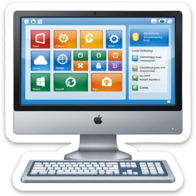 An icon featuring a computer screen with an operating system interface, showing windows, icons, and a taskbar. The design includes code snippets, system settings, and a gear symbol, representing the management and control of computer hardware and software. Transparent background sticker