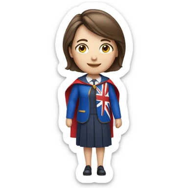 superhero female headteacher with short straight brown hair and blue dress and union jack cape  sticker