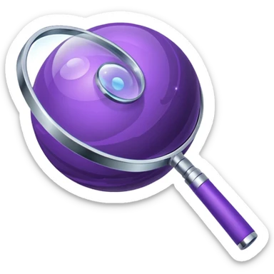 Minimal purple icon: a planet with connecting lines and a magnifying glass. Glossy, transparent background. sticker