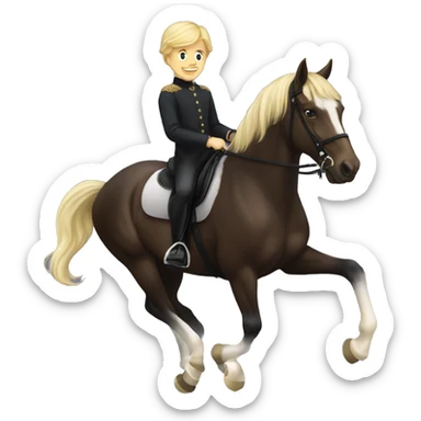 A blonde boy riding a dark bay dressage horse sticker