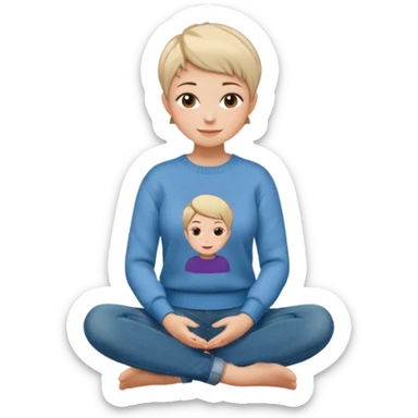 woman sitting cross legged short pixie hair jeans sweater smile  sticker