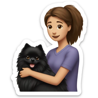 Brown -haired girl hugs a black pomeranian dog sticker