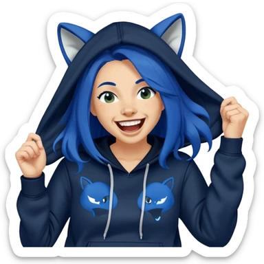 White 30 year old woman with long dark blue hair laughing hysterically wearing a black hoodie with a PUMA logo sticker