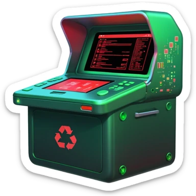 A sleek digital terminal with a holographic interface showing files being uploaded, data packets represented as trash icons, the screen glitching and exploding with red error symbols, tech dystopia vibes, neon greens and reds, circuit patterns in background --v 5 --ar 3:2 --style sci-fi --chaos 30 sticker