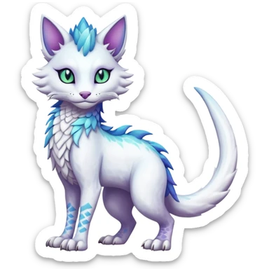 Kawaii white iridescent edgy fantasy feline-vernid-sergal-fursona animal creature with a tufted tail full body with intricate markings  sticker