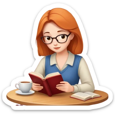 Woman reading a book in a cozy, quiet café sticker