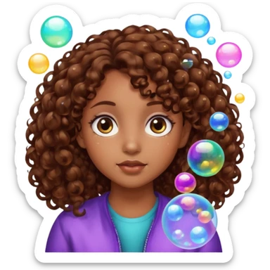 girl with brown curly hair in a side part with big brown eyes looking off to the side with bubbles on both sides of her sticker