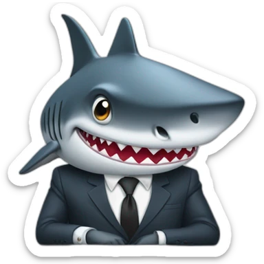 A shark sitting at a table wearing a suit looking straight ahead sticker