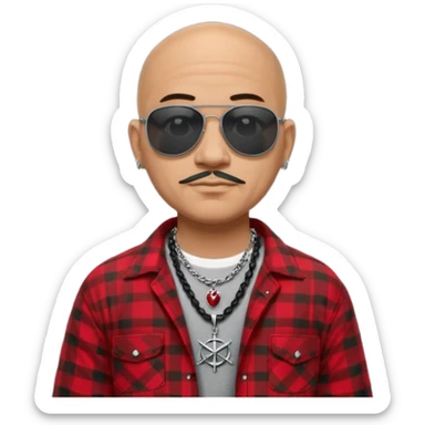 bald mexican cholo with black og sunglasses a silver necklace witth h engraved on emblem and flannel shirt sticker