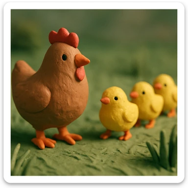 hen and chicks walking in grass, soft lighting, hand-molded details sticker