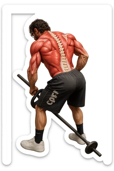 lascia questa immagine identica in cui lui esegue un T-bar con triangolo ma aggiungi fasci muscolari e spina dorsale sulla sua schiena, iperealistico 4k sticker