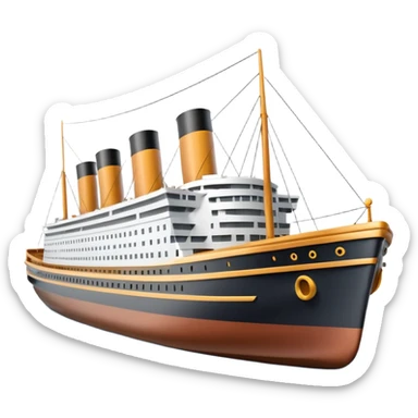 A 3D emoji of a Titanic ship in Apple style, glossy and smooth surface, bright clean colors with subtle shading, simple and minimal details, no face or expressions, floating on calm ocean, soft shadows, high-quality render, isolated on white background.


 sticker