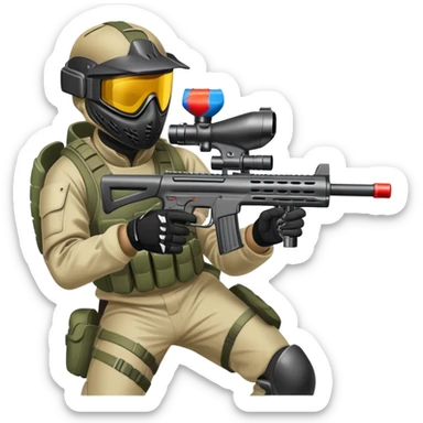A paintball player in full gear, aiming a paintball gun with focus and determination. The scene includes vibrant splashes of paint and a dynamic battlefield setting, emphasizing action, strategy, and teamwork in a competitive environment sticker