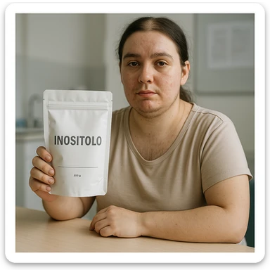 Realistic photograph of a woman with PCOS sitting at a table, showing a package with the label 'Inositolo' clearly visible towards the camera. She has acne marks, chin hair, thin hair, in a clinical environment with soft lighting. sticker