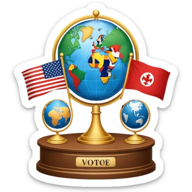 An icon featuring a podium with a speaker, national flags, and voting ballots, symbolizing political science. The design includes a globe and scales of justice in the background, representing governance, global affairs, and political theory. Transparent background emphasizes civic engagement sticker