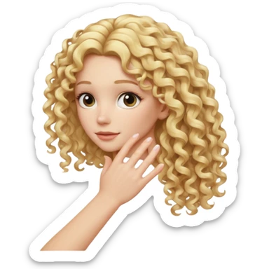 back view of a hand gently touching blonde curly hair sticker