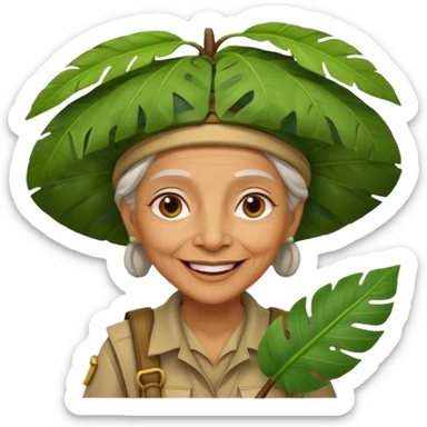 a old woman explorer with jungle wearing a large leaf headgear bye  sticker