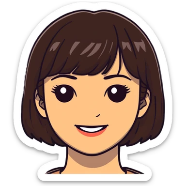 Pretty woman with dark brown bangs, subtle makeup, warm smile sticker