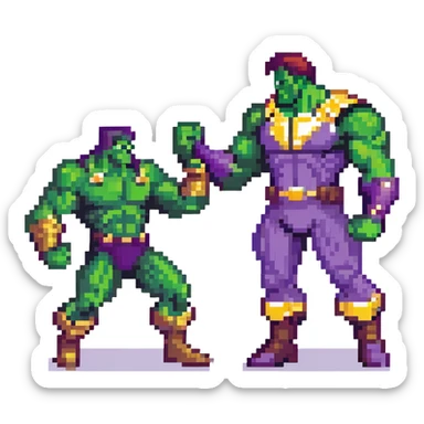 Hulk vs Thanos battle scene, green muscular superhero fighting purple villain with Infinity Gauntlet, action poses sticker