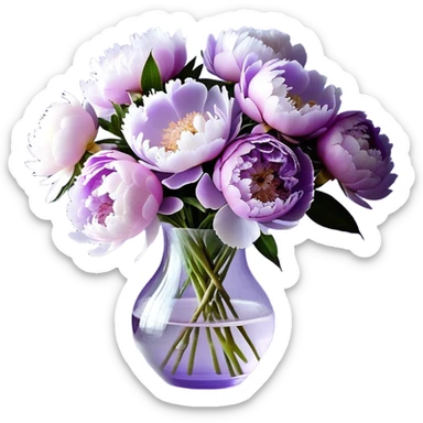 "A bouquet of peonies in soft shades of light purple, lilac, and icy lavender is arranged in a delicate, translucent glass vase with a pale violet tint. The petals, gently layered and slightly ruffled, spill over the edges, creating a sense of fullness. A silky, pastel purple ribbon is tied around the vase, with its ends cascading down in soft folds."
 sticker