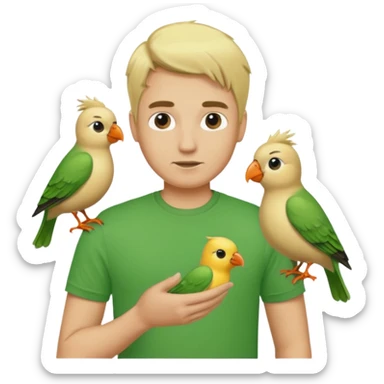 green tshirt blonde man with bird sticker