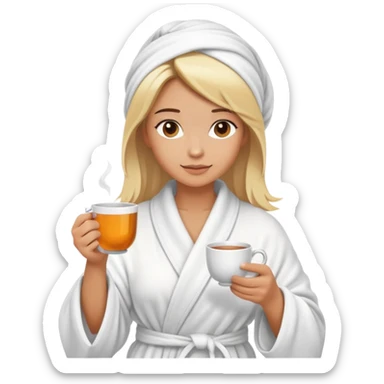 girl hair wrapped in towel wearing robe holding tea with hands sticker