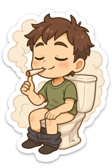 anime style sticker of a guy sitting on a toilet, relaxed, smoking weed, with a cloud of smoke, humorous and lighthearted sticker