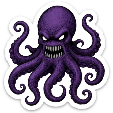 Remove the nose, make the octopus look scary, keep the purple color, with no background. Maintain the original style and details of the octopus while making it look scary and purple. sticker